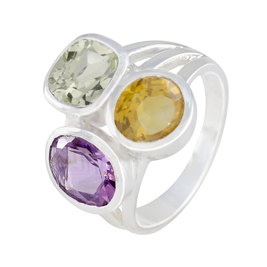Multi Stone Trilogy Egyptian 925 Sterling Silver multicolor Gemstones Eye catching Cocktail Ring Jewelry