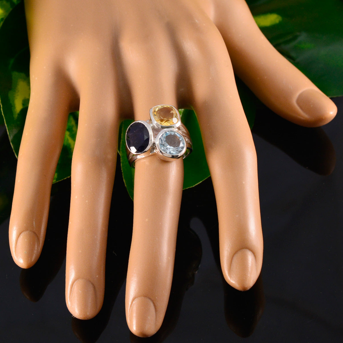 Multi Stone Trilogy French Silver multicolor Gems Eye catching Cocktail Ring Jewellery
