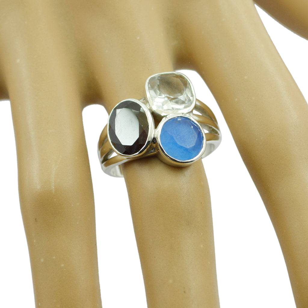 Multi Stone Trilogy Egyptian Silver multicolor Gems Mid weight Cocktail Ring Jewellery