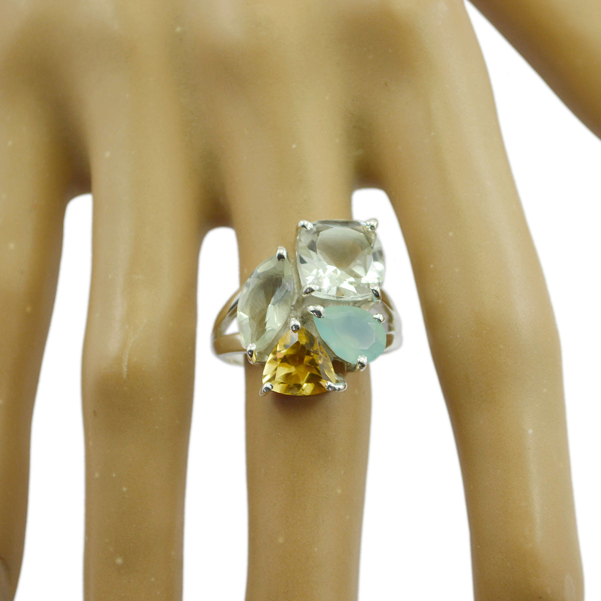 Multi Stone quarter Indian 925 Sterling Silver multicolor Gems Versatile Cocktail Ring Jewelry