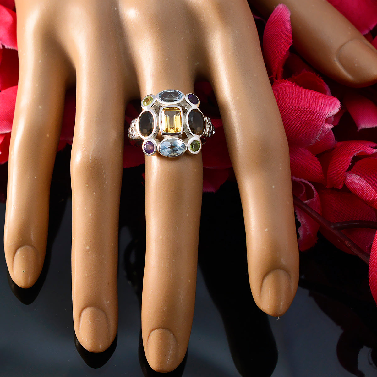Multi Stone Navratna Indischer 925 Sterling Silber mehrfarbiger Edelstein Klassischer Cocktailring Schmuck
