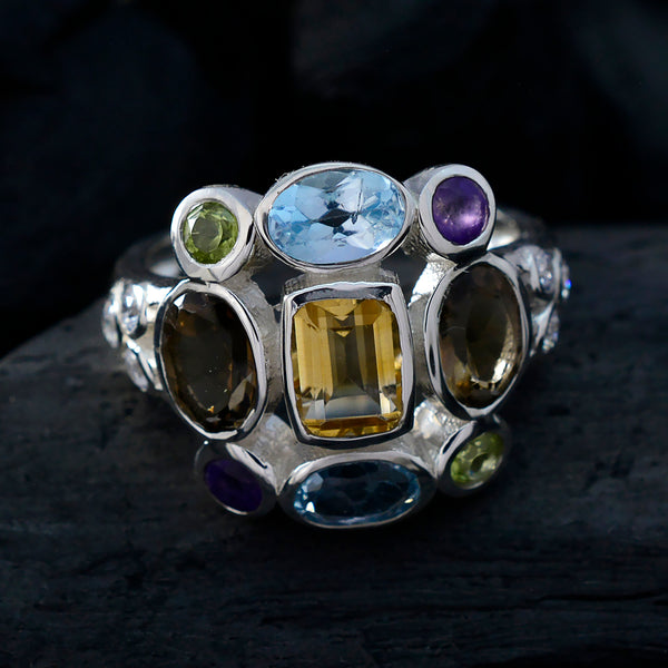 Multi Stone Navratna Indian 925 Sterling Silver multicolor Gemstone Classic Cocktail Ring Jewellery