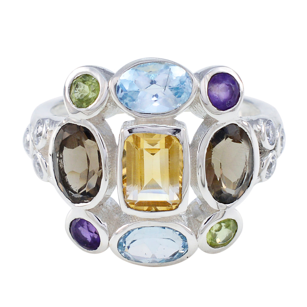Multi Stone Navratna Indian 925 Sterling Silver multicolor Gemstone Classic Cocktail Ring Jewellery