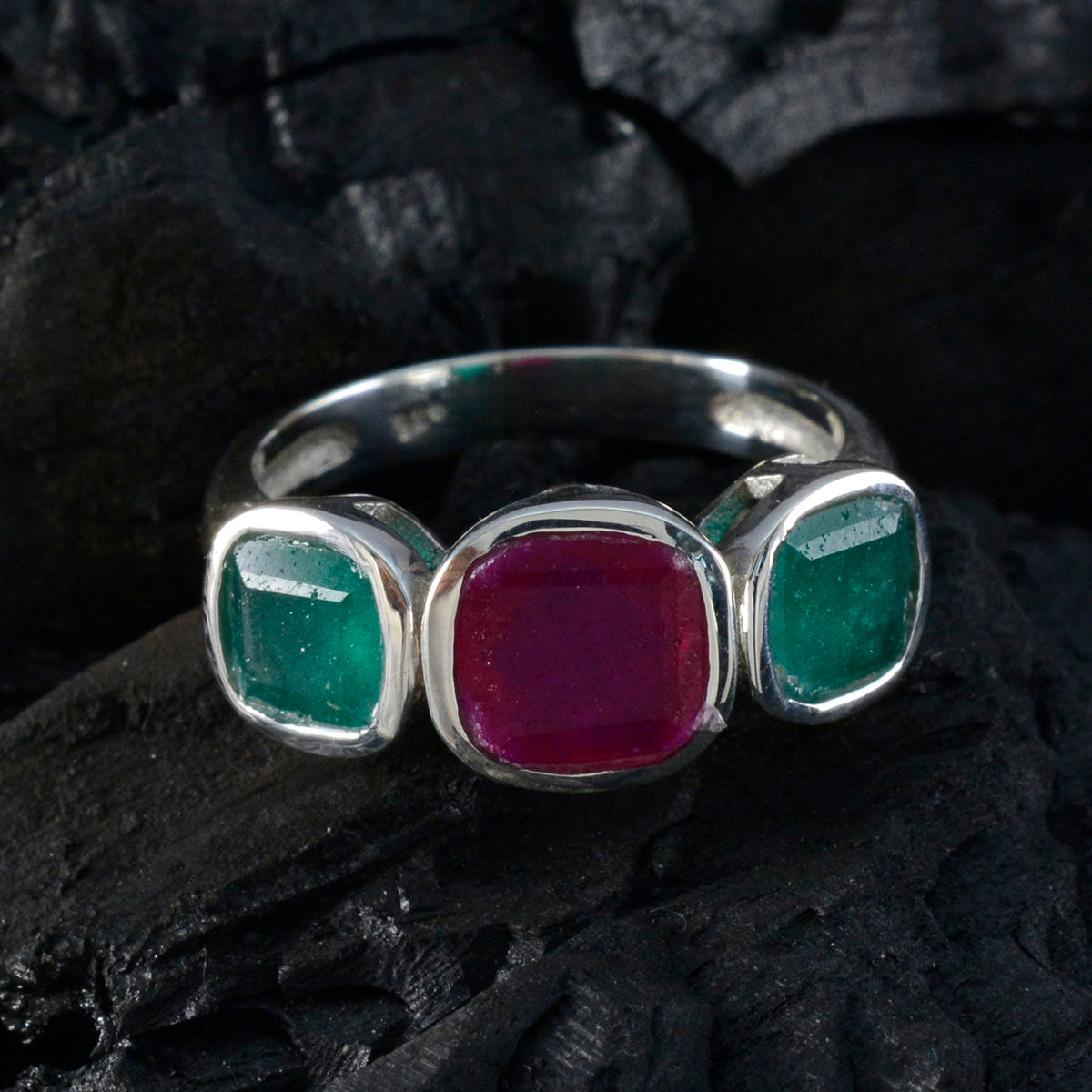 Multi Stone Trilogy German Sterling Silver multicolor Gemstone Slim Romantic Ring Jewelry