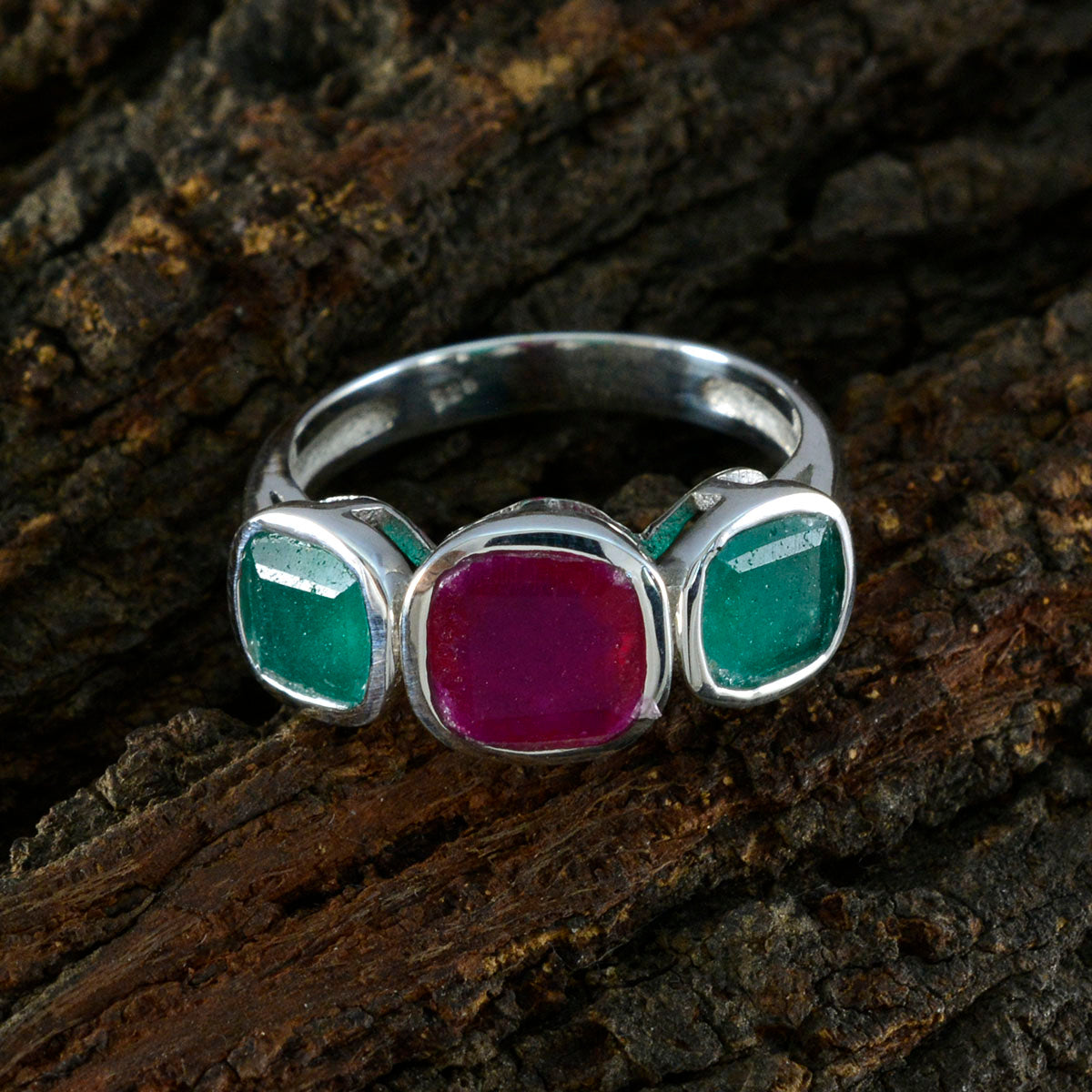 Multi Stone Trilogy German Sterling Silver multicolor Gemstone Slim Romantic Ring Jewelry