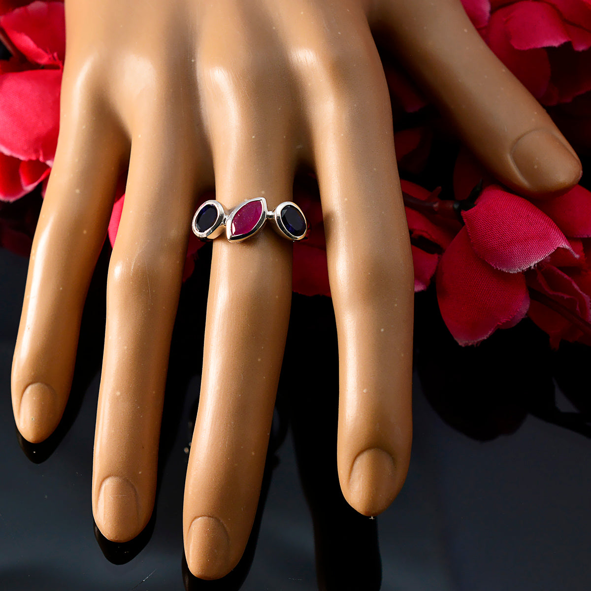 Multi Stone Trilogy Russian Silver multicolor Gemstone Minimal Boho Ring Jewelry