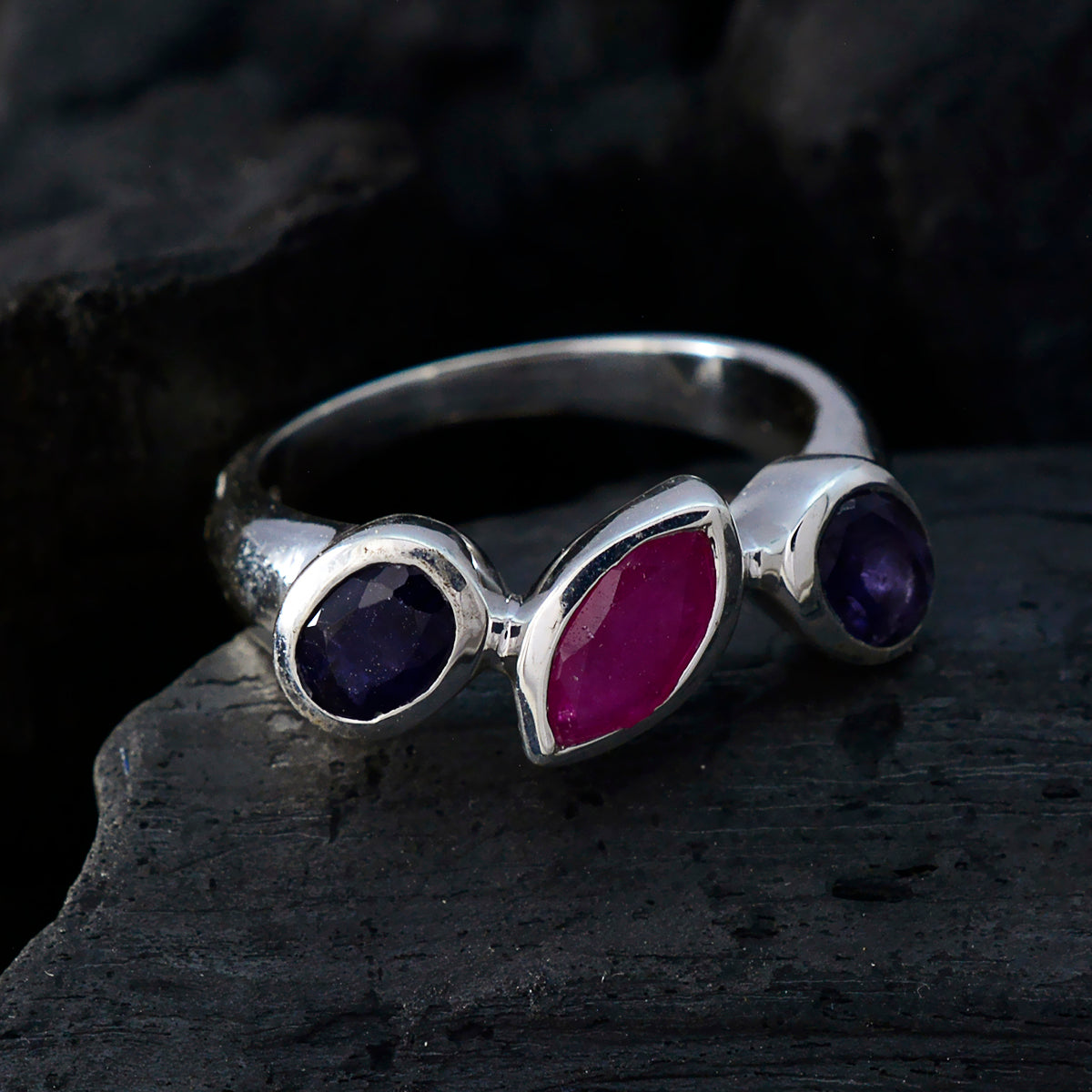 Multi Stone Trilogy Russian Silver multicolor Gemstone Minimal Boho Ring Jewelry