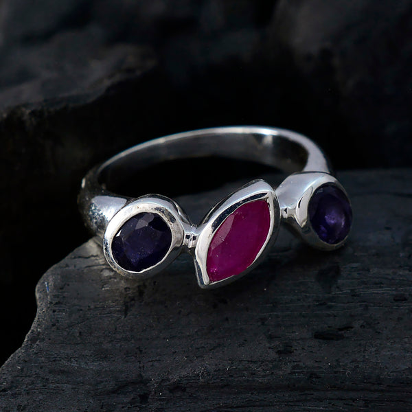 Multi Stone Trilogy Russian Silver multicolor Gemstone Minimal Boho Ring Jewelry
