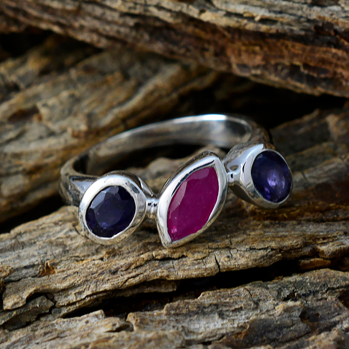 Multi Stone Trilogy Russian Silver multicolor Gemstone Minimal Boho Ring Jewelry