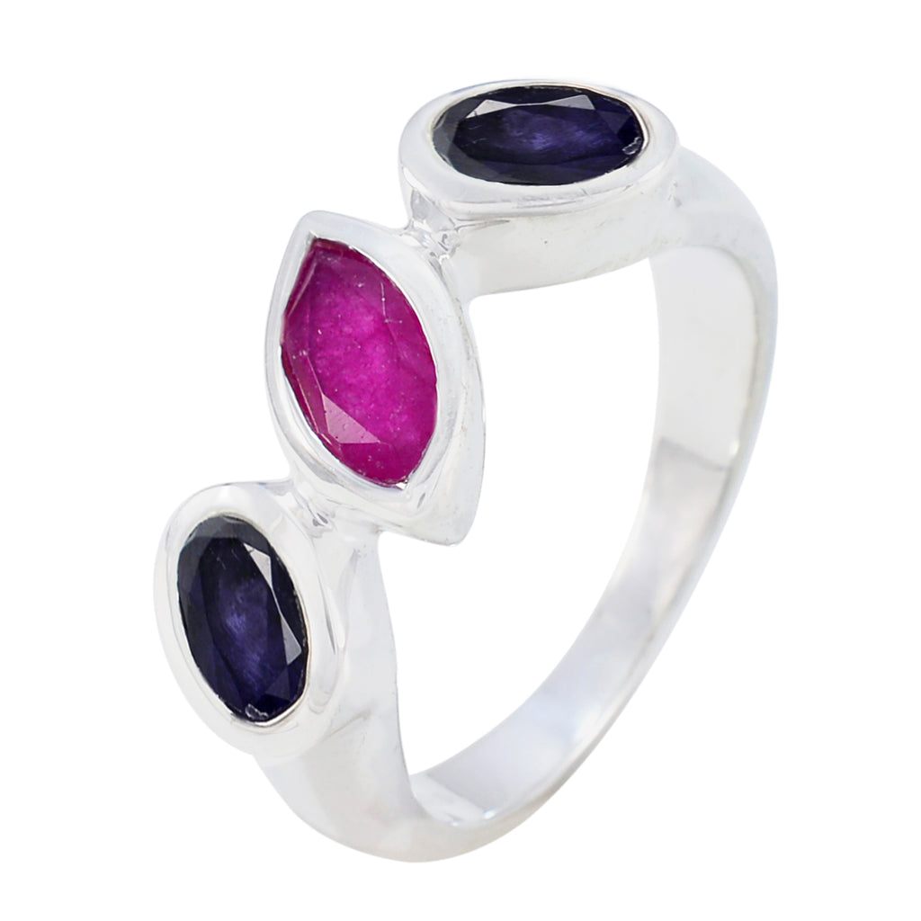 Multi Stone Trilogy Russian Silver multicolor Gemstone Minimal Boho Ring Jewelry