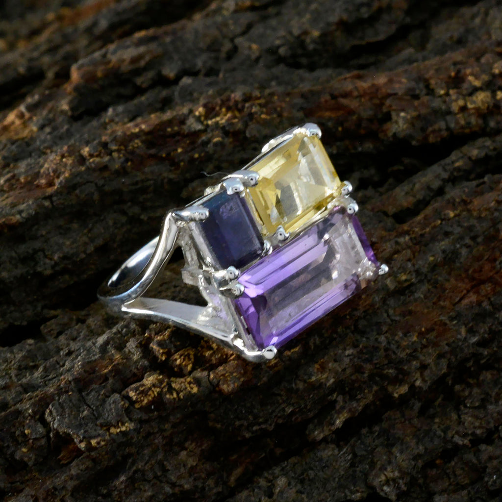 Multi Stone Trilogy Indian 925 Silver multicolor Gemstone Classic Trendy Ring Jewelry