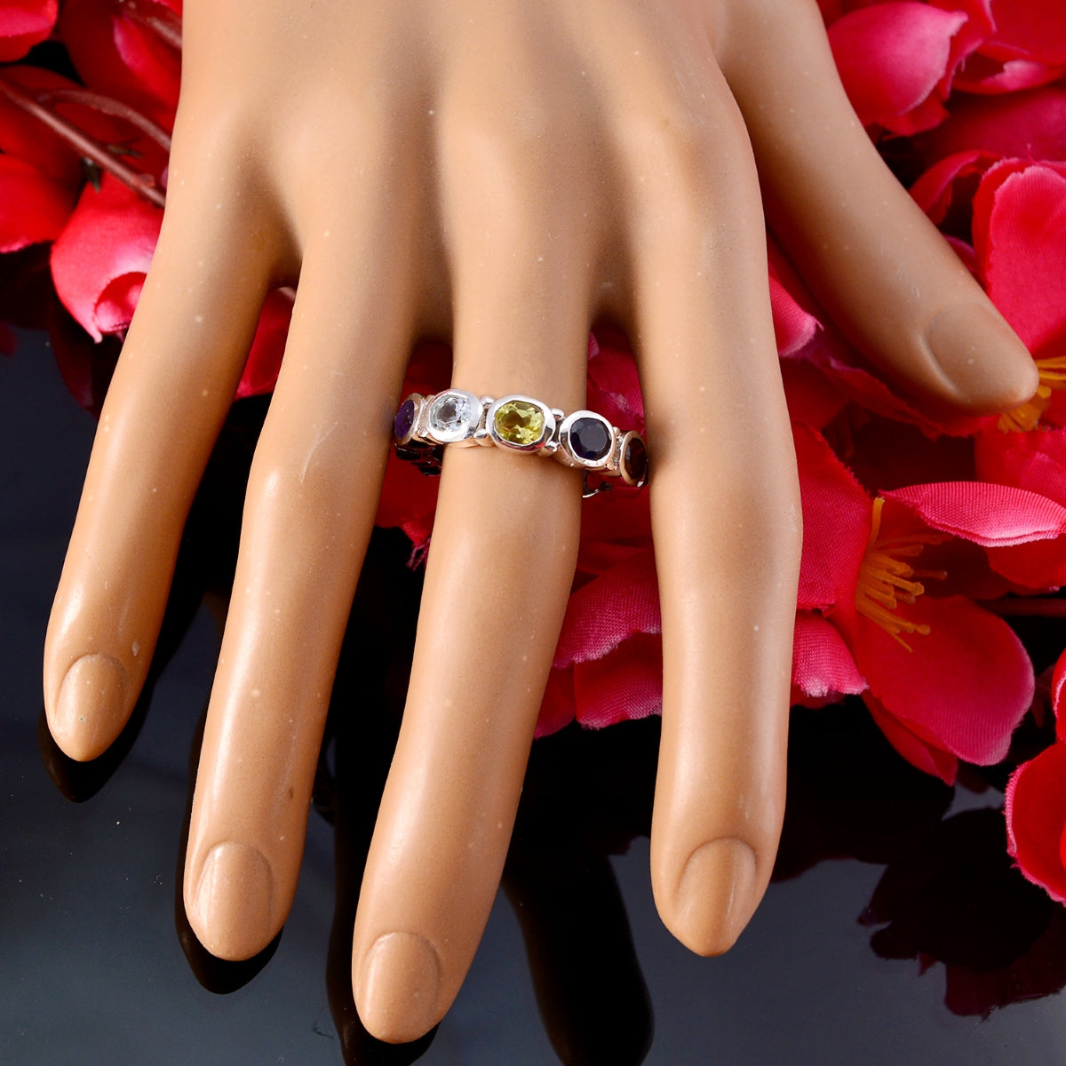 Multi Stone multiple Indian Sterling Silver multicolor Gemstone Classic Eternity Band Jewelry