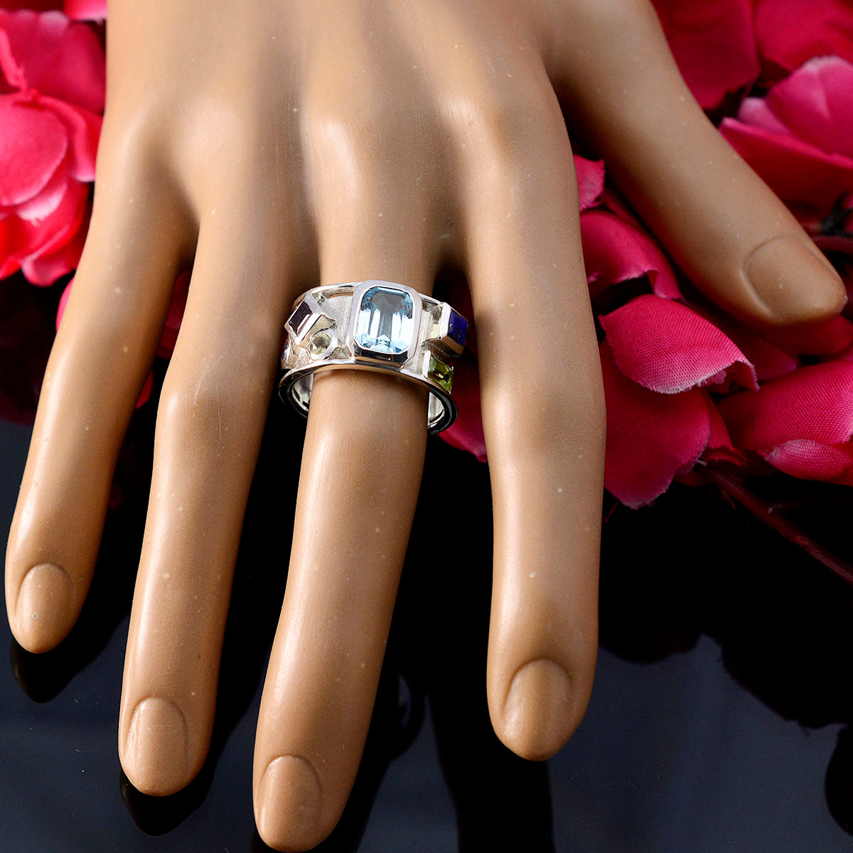 Multi Stone Hexa French Silver multicolor Gemstone Essential  Abstract Band Jewellery