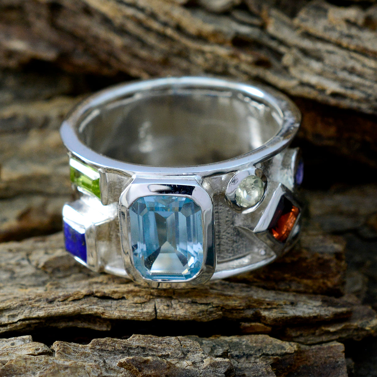 Multi Stone Hexa French Silver multicolor Gemstone Essential  Abstract Band Jewellery