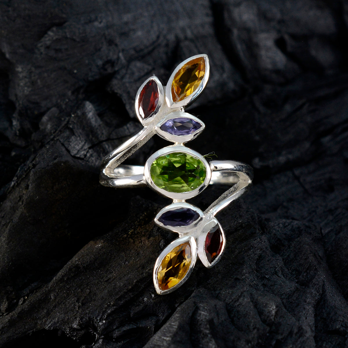 Multi Stone Hepta French 925 Silver multicolor Gemstones Mid weight Cocktail Ring Jewelry