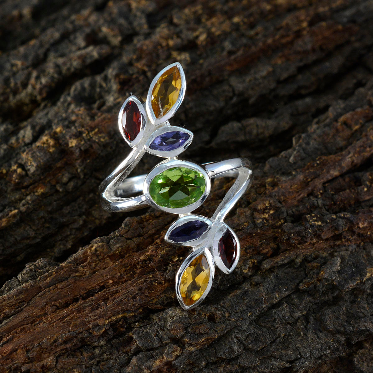 Multi Stone Hepta French 925 Silver multicolor Gemstones Mid weight Cocktail Ring Jewelry