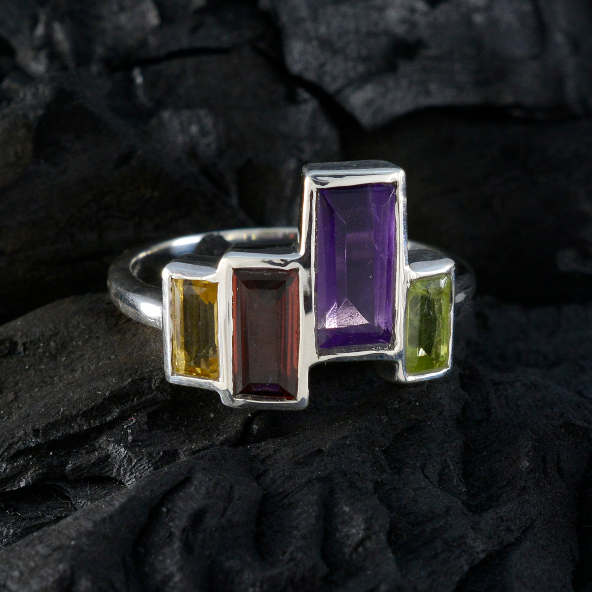Multi Stone quarter German Silver multicolor Gemstone Featherlight Cocktail Ring Jewelry