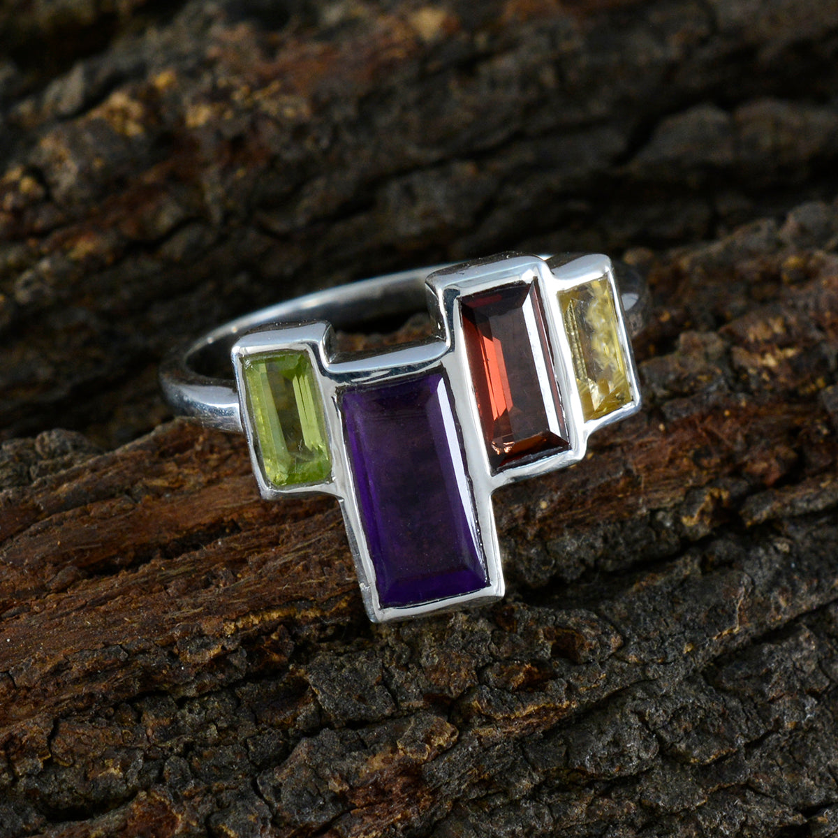 Multi Stone quarter German Silver multicolor Gemstone Featherlight Cocktail Ring Jewelry