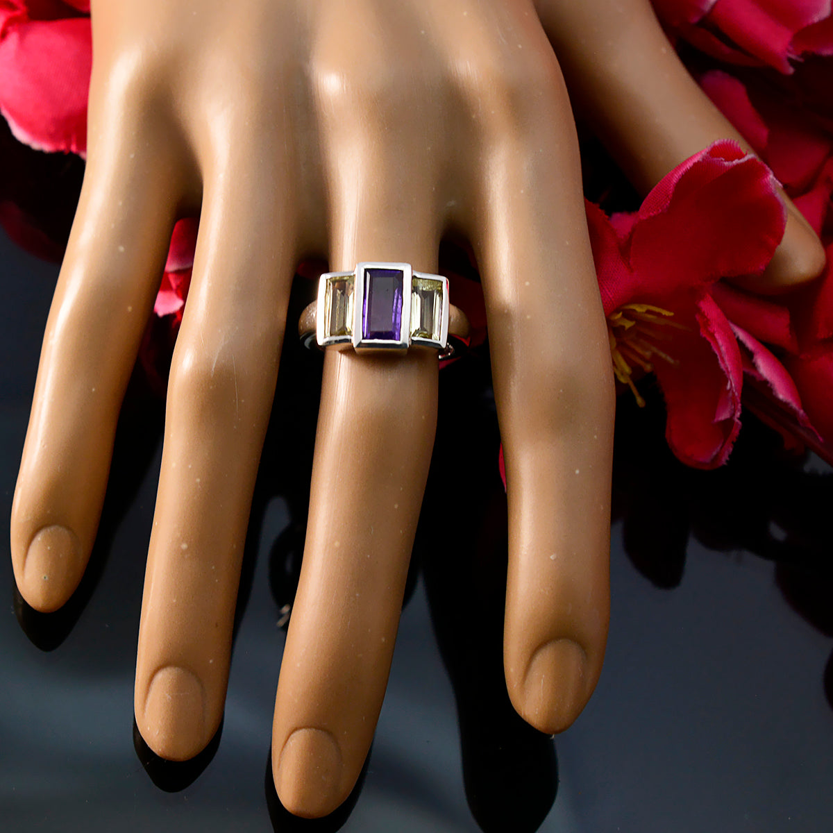 Multi Stone Trilogy German Silver multicolor Gems Minimal Modern Ring Jewellery