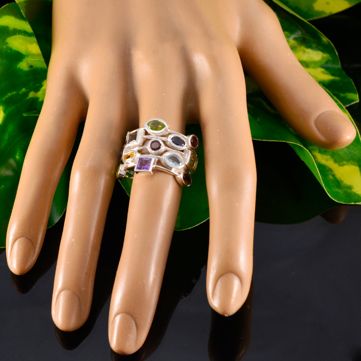 Multi Stone multiple Indian Sterling Silver multicolor Gemstone Eye catching Cocktail Ring Jewellery