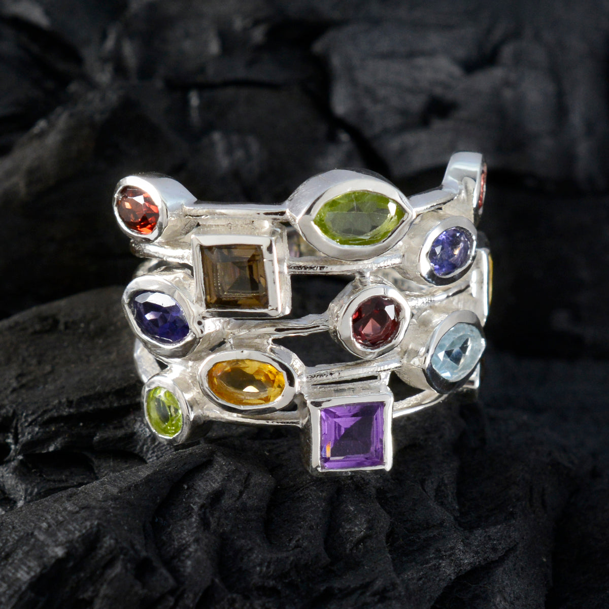 Multi Stone multiple Indian Sterling Silver multicolor Gemstone Eye catching Cocktail Ring Jewellery