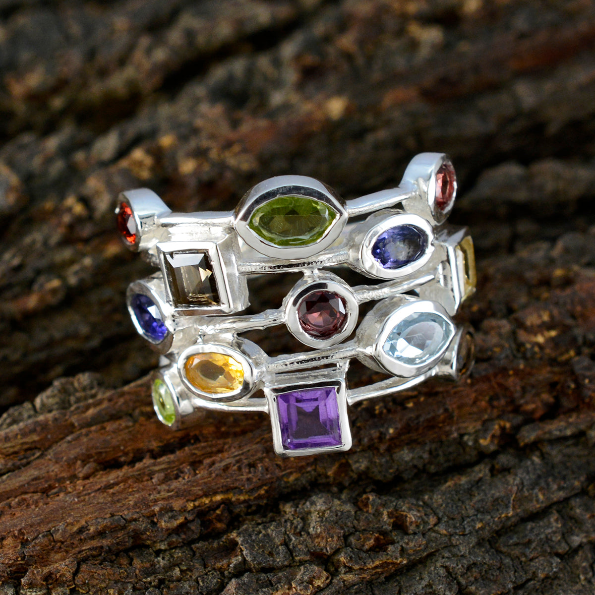 Multi Stone multiple Indian Sterling Silver multicolor Gemstone Eye catching Cocktail Ring Jewellery