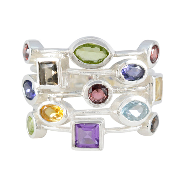 Multi Stone multiple Indian Sterling Silver multicolor Gemstone Eye catching Cocktail Ring Jewellery