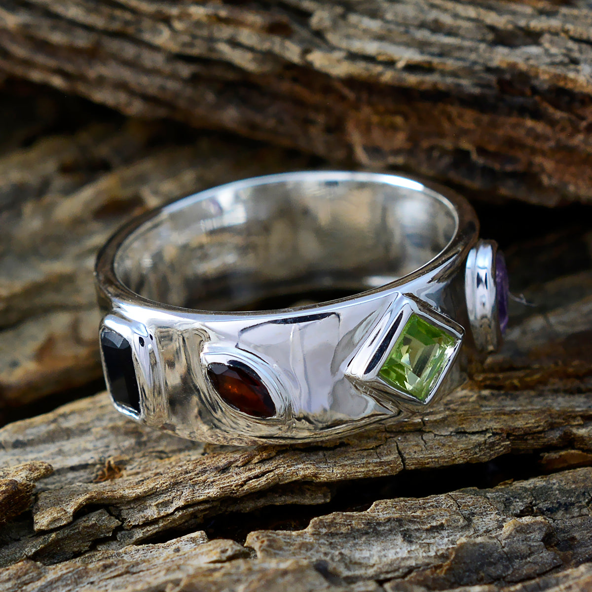 Multi Stone quarter Egyptian Silver multicolor Gemstones Minimal Abstract Band Jewellery