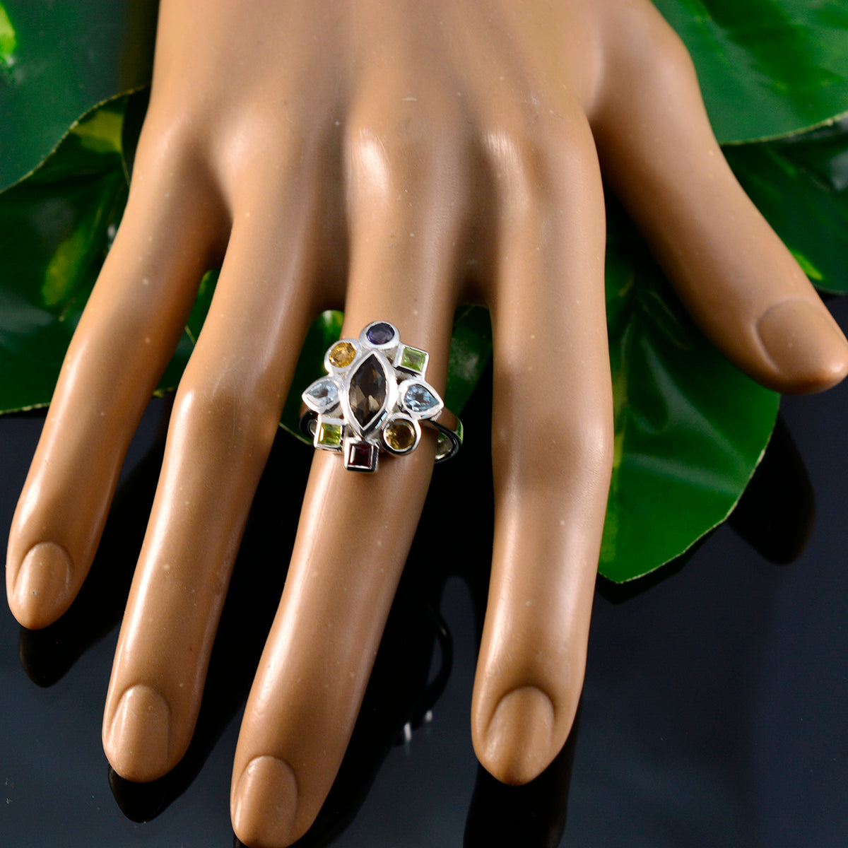 Multi Stone navratna French Silver multicolor Gems Eye catching Cocktail Ring Jewellery