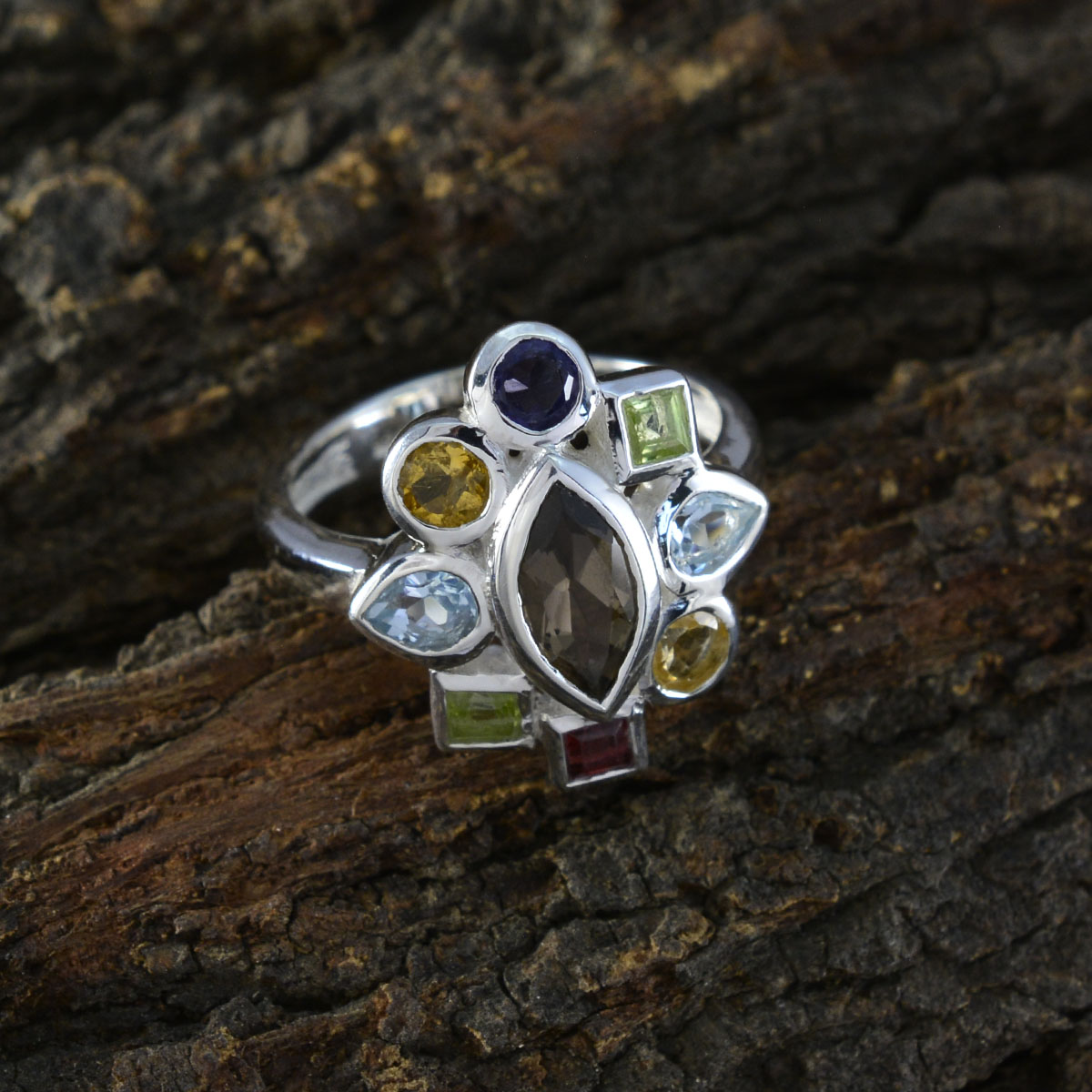 Multi Stone navratna French Silver multicolor Gems Eye catching Cocktail Ring Jewellery