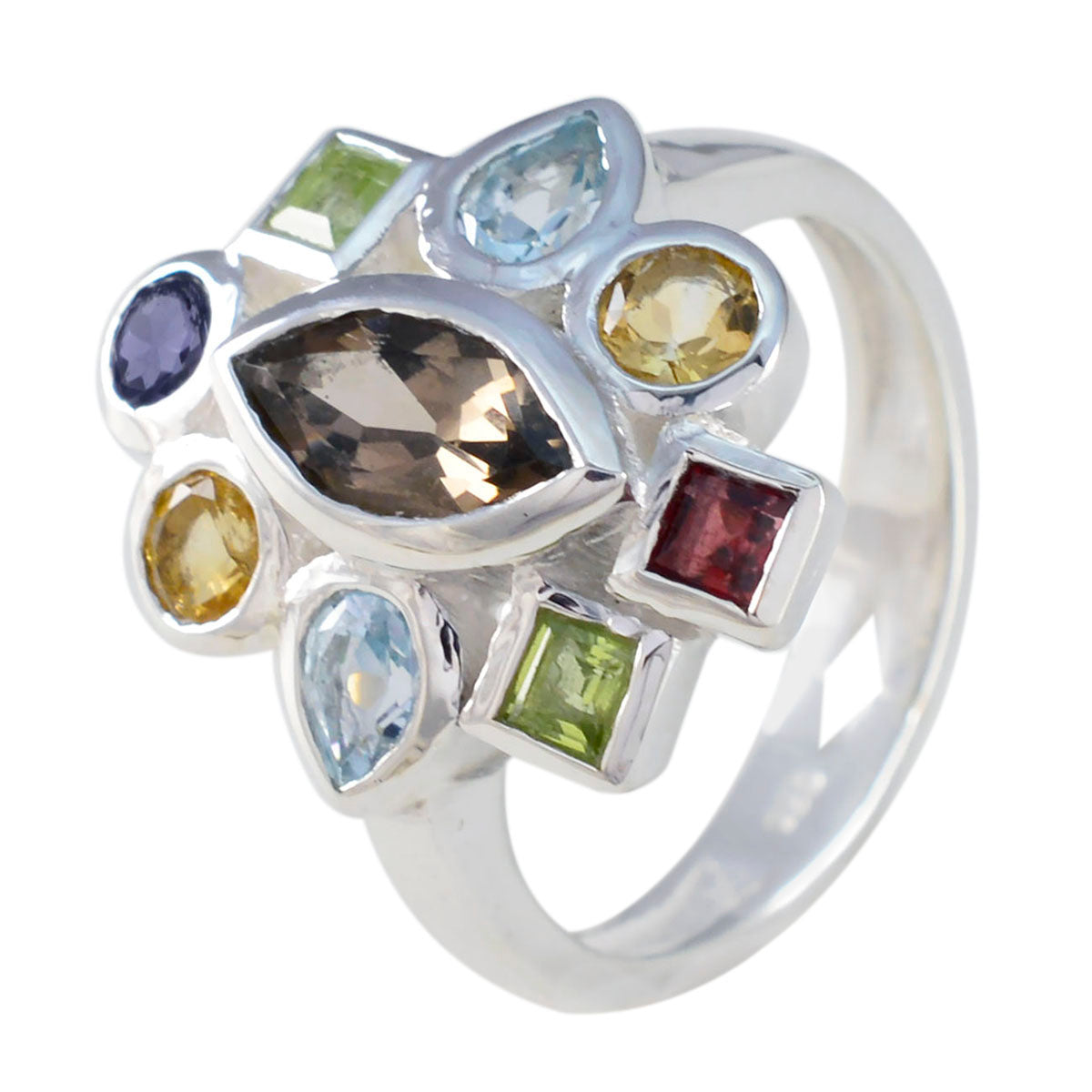 Multi Stone navratna French Silver multicolor Gems Eye catching Cocktail Ring Jewellery