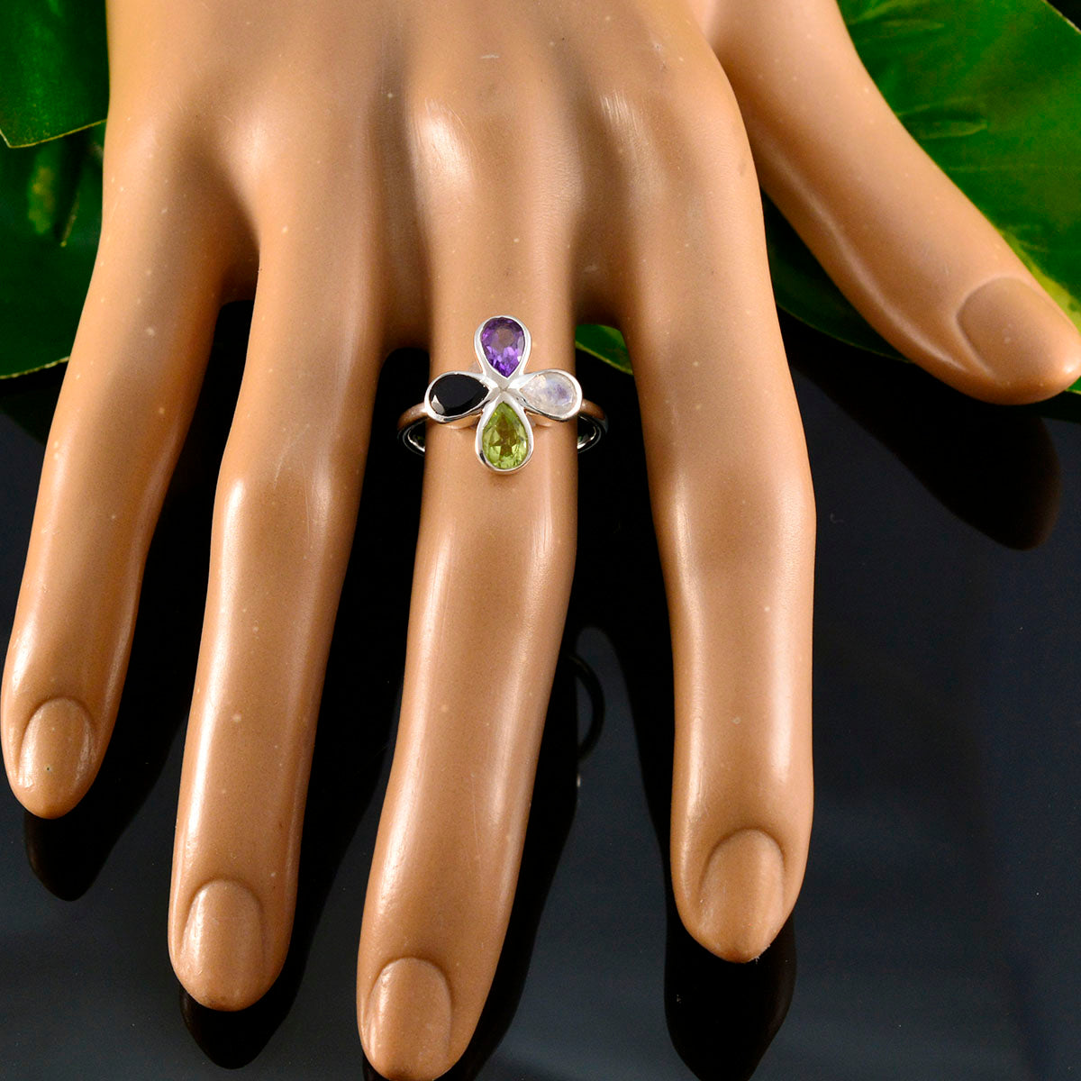 Multi Stone quarter Turkish Silver multicolor Gemstones Dainty Floral Ring Jewellery
