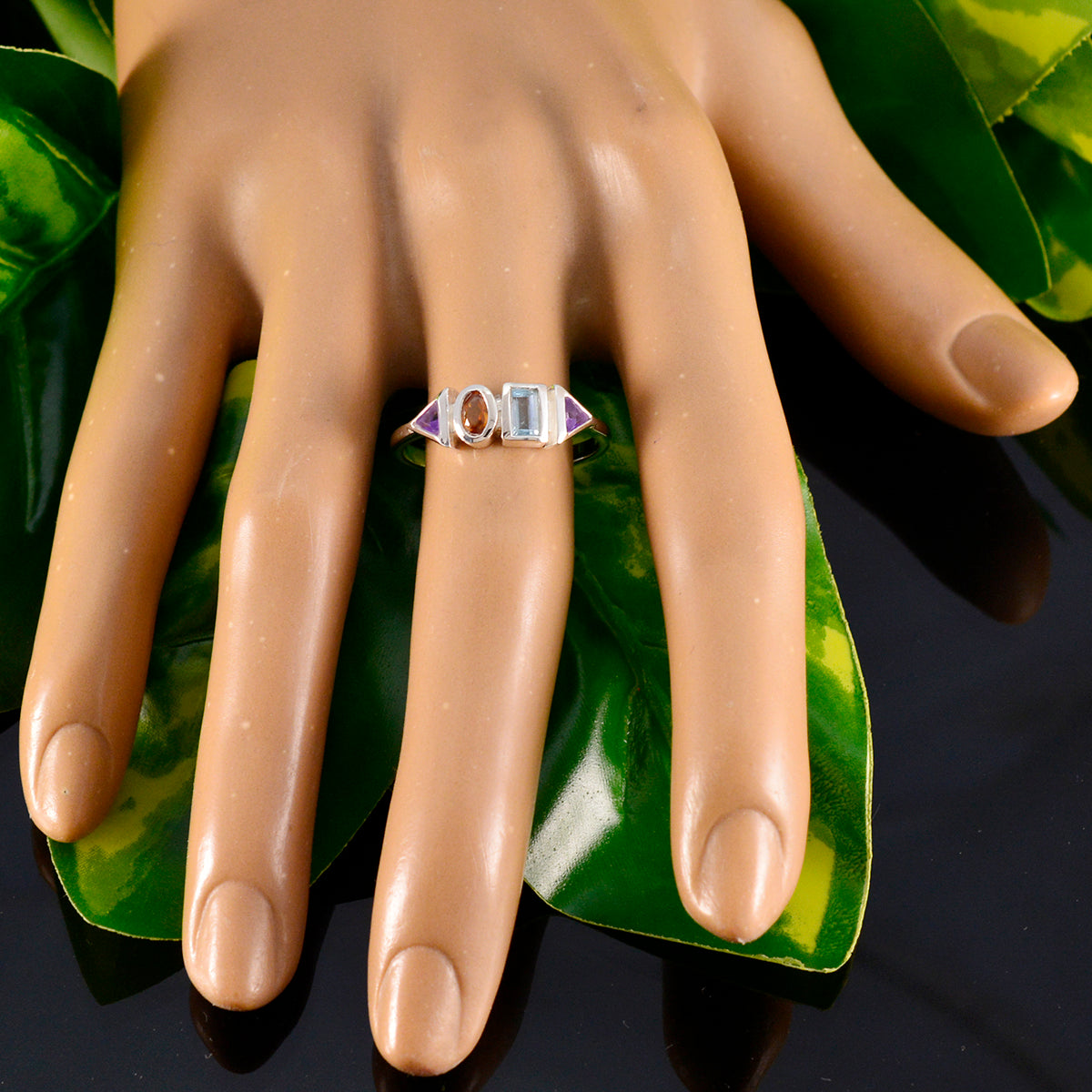 Multi Stone quarter American Silver multicolor Gems Delicate Feminine Ring Jewelry