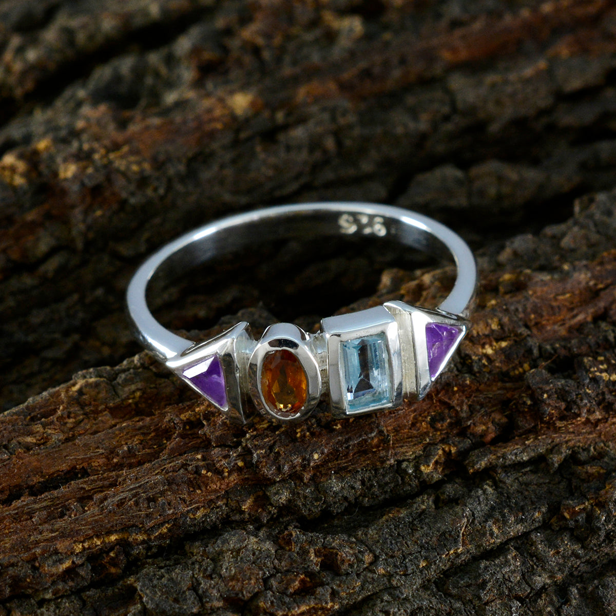 Multi Stone quarter American Silver multicolor Gems Delicate Feminine Ring Jewelry