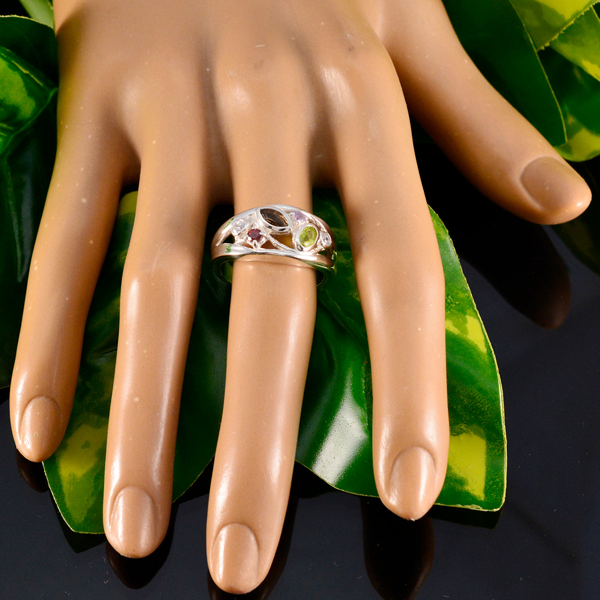 Multi Stone multiple German 925 Sterling Silver multicolor Gemstones Tiny Sophisticated Ring Jewellery