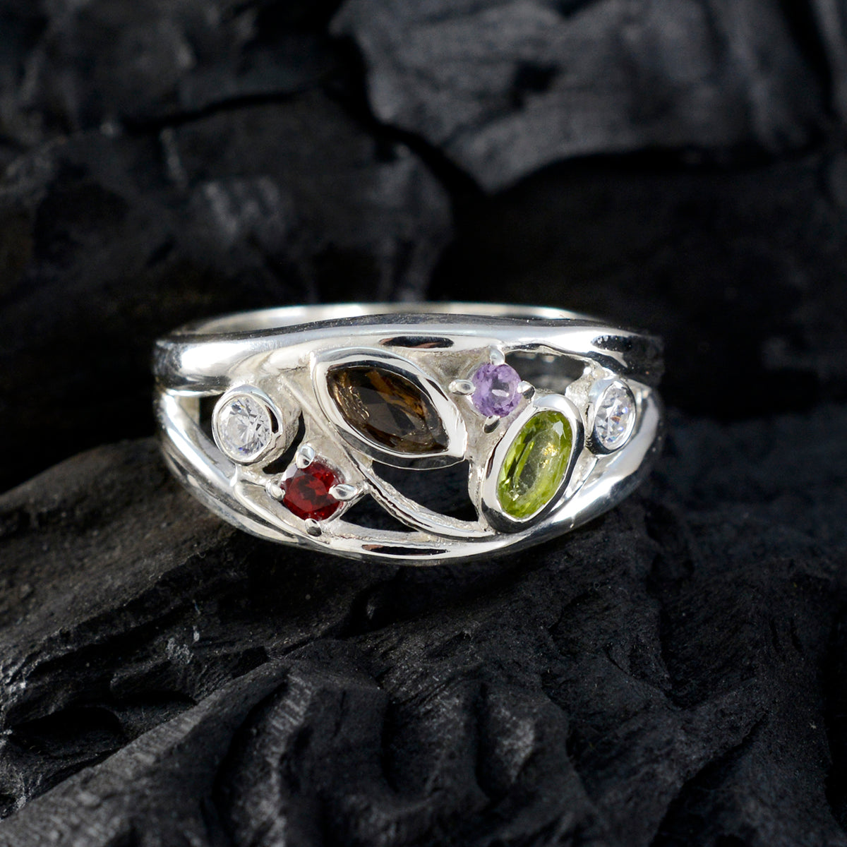 Multi Stone multiple German 925 Sterling Silver multicolor Gemstones Tiny Sophisticated Ring Jewellery