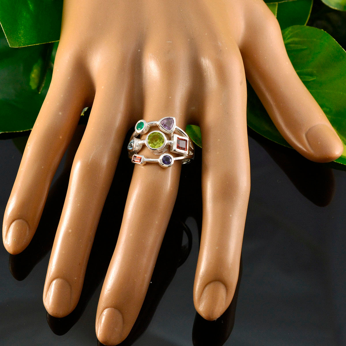 Multi Stone Hepta African Silver multicolor Gems Featherlight Abstract Ring Jewelry