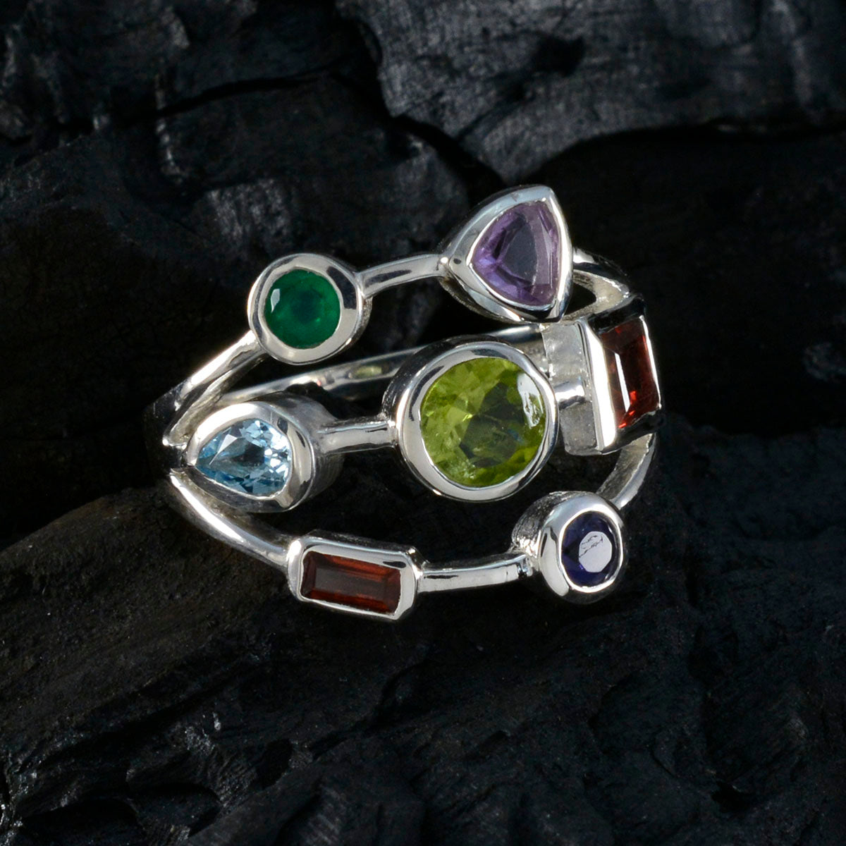 Multi Stone Hepta African Silver multicolor Gems Featherlight Abstract Ring Jewelry