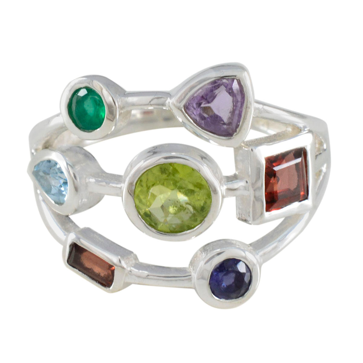 Multi Stone Hepta African Silver multicolor Gems Featherlight Abstract Ring Jewelry Immagine principale del prodotto