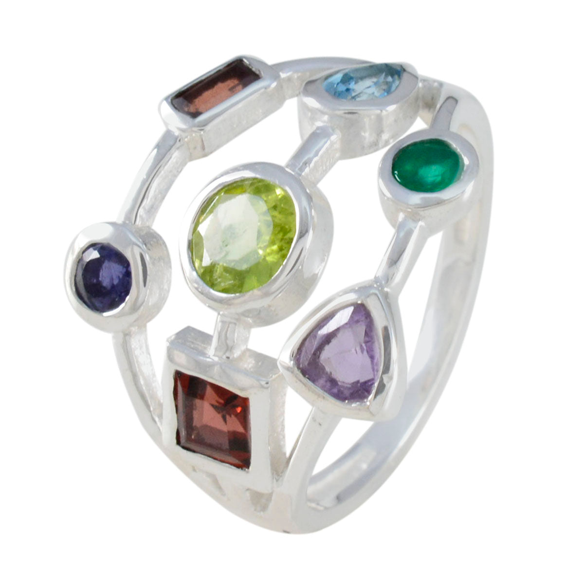 Multi Stone Hepta African Silver multicolor Gems Featherlight Abstract Ring Jewelry