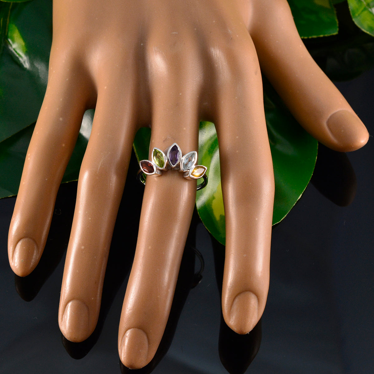 Multi Stone Penta American 925 Silver multicolor Gems Delicate crown Ring Jewelry