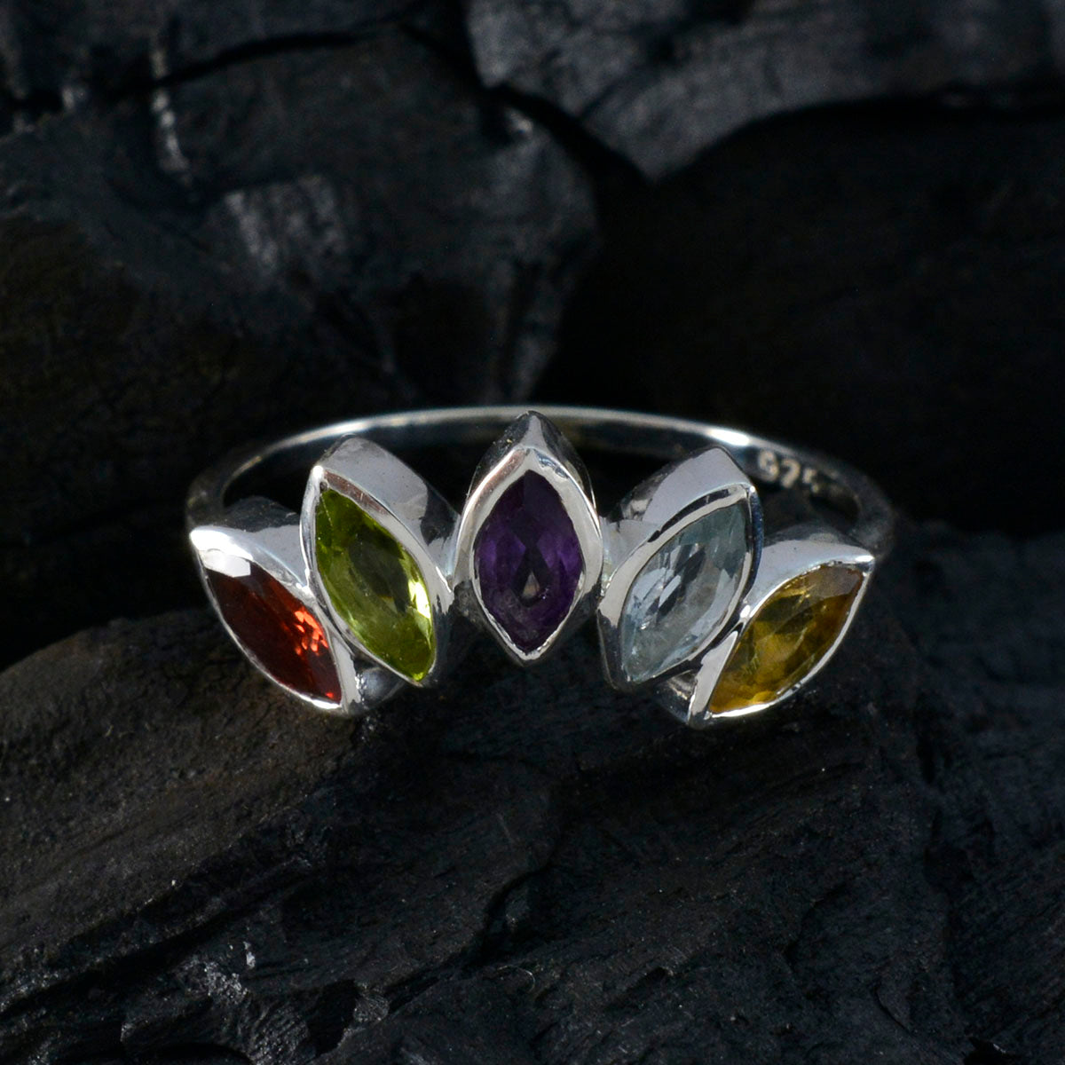 Multi Stone Penta American 925 Silver multicolor Gems Delicate crown Ring Jewelry