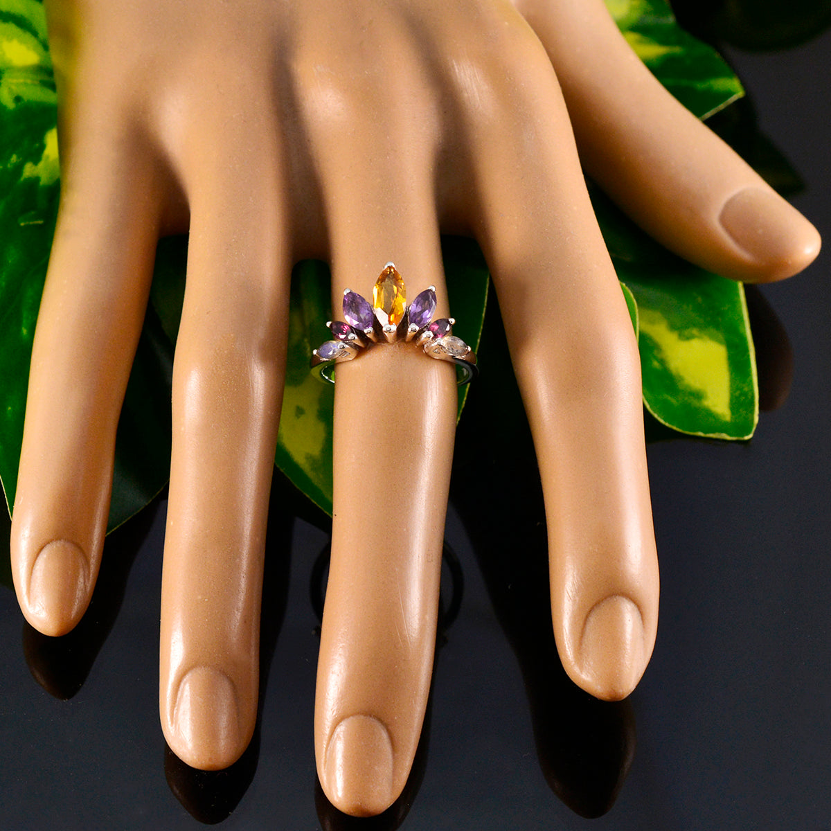 Multi Stone Hepta Korean 92.5 Silver multicolor Gemstones Dainty crown Ring Jewellery