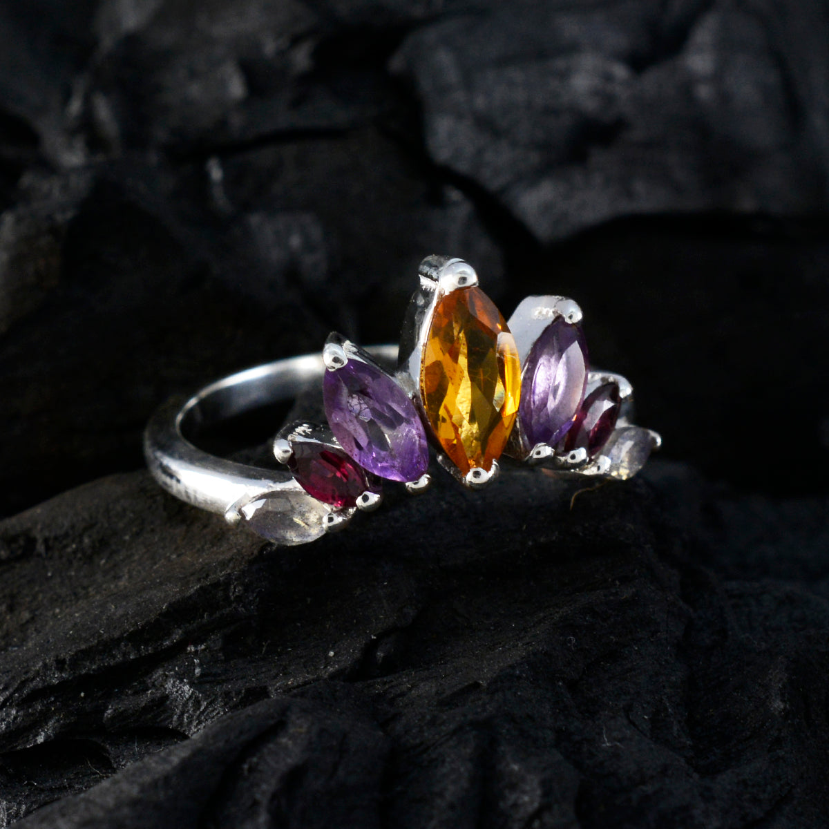 Multi Stone Hepta Korean 92.5 Silver multicolor Gemstones Dainty crown Ring Jewellery