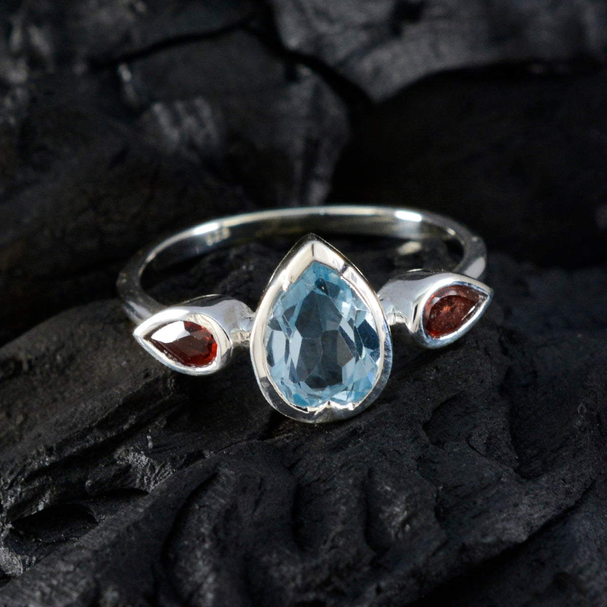 Multi Stone Trilogy Japanese Silver multicolor Gemstones Dainty Trendy Ring Jewellery