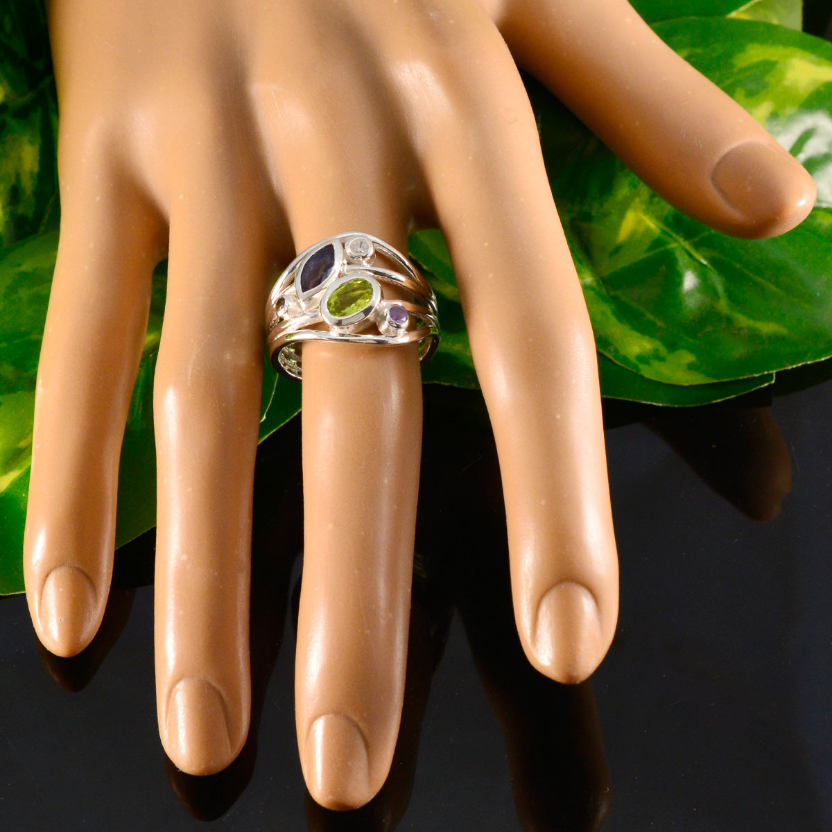 Multi Stone Penta Moroccan Silver multicolor Gems Eye catching Abstract Ring Jewellery