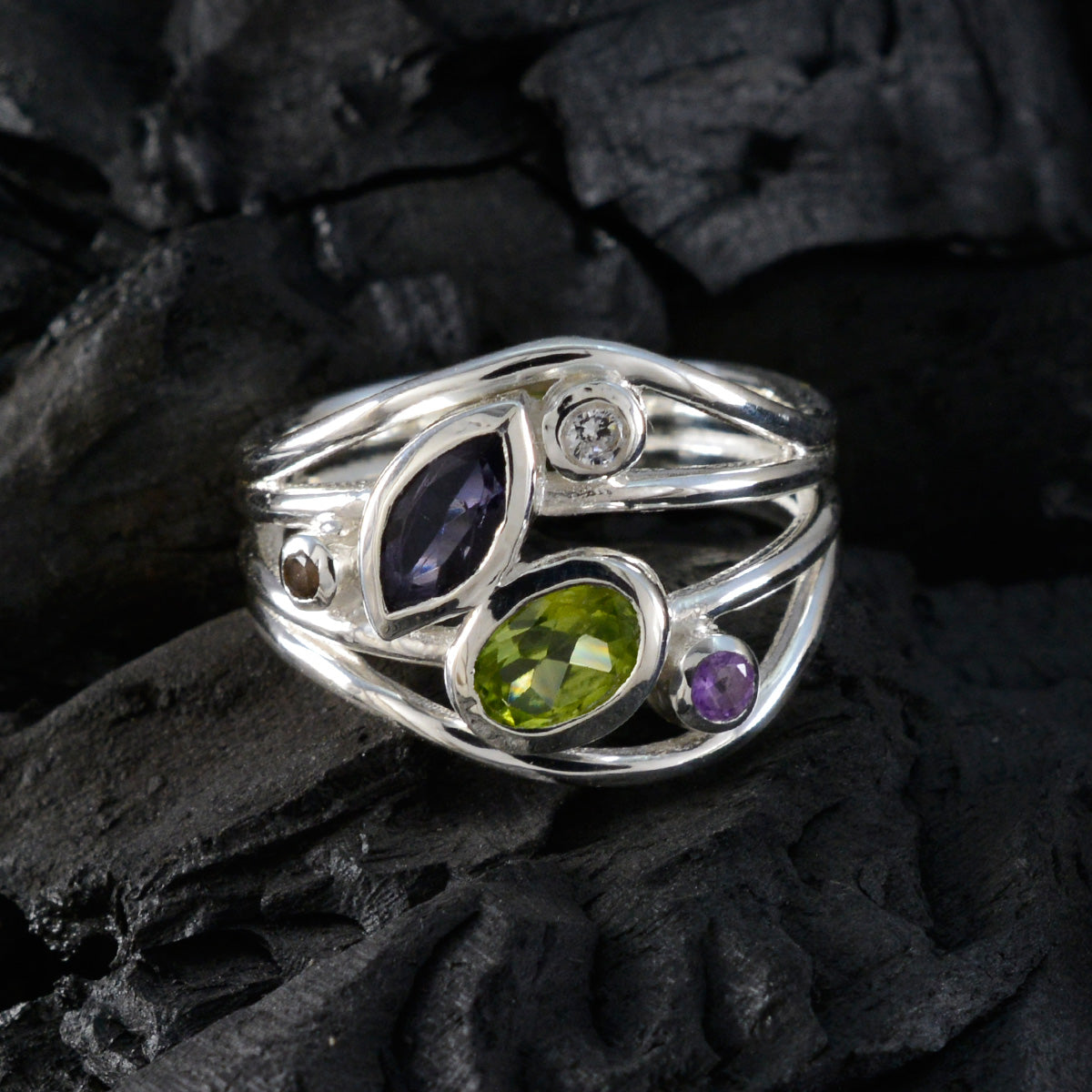 Multi Stone Penta Moroccan Silver multicolor Gems Eye catching Abstract Ring Jewellery