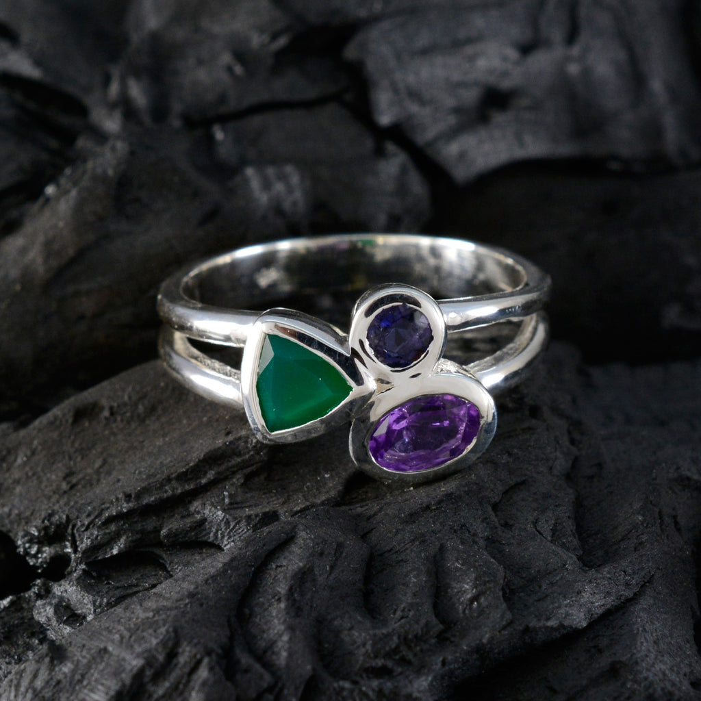 Multi Stone Trilogy Egyptian Sterling Silver multicolor Gemstone Minimal Cultural Ring Jewelry