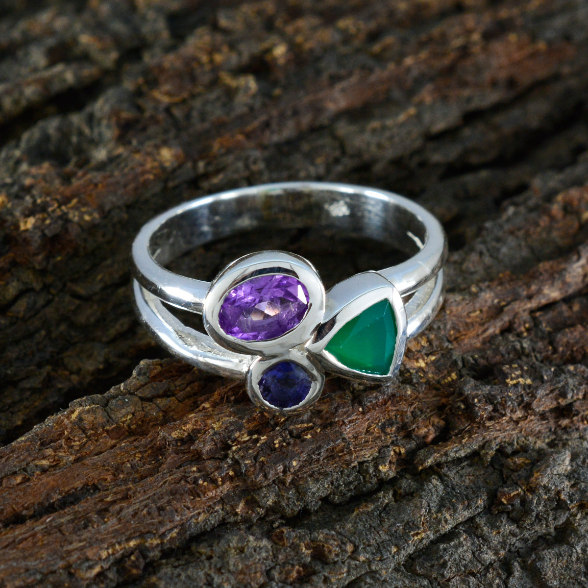 Multi Stone Trilogy Egyptian Sterling Silver multicolor Gemstone Minimal Cultural Ring Jewelry