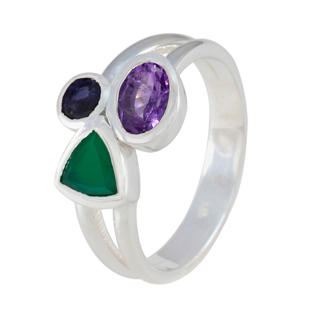 Multi Stone Trilogy Egyptian Sterling Silver multicolor Gemstone Minimal Cultural Ring Jewelry
